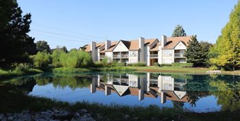 Tranquil lake with fountain